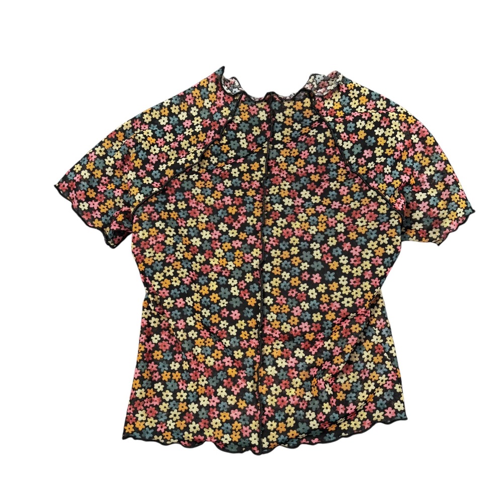 Womens Floral Mesh Short Sleeve Top Lettuce Edge Sheer Y2K Black Multi Color 699